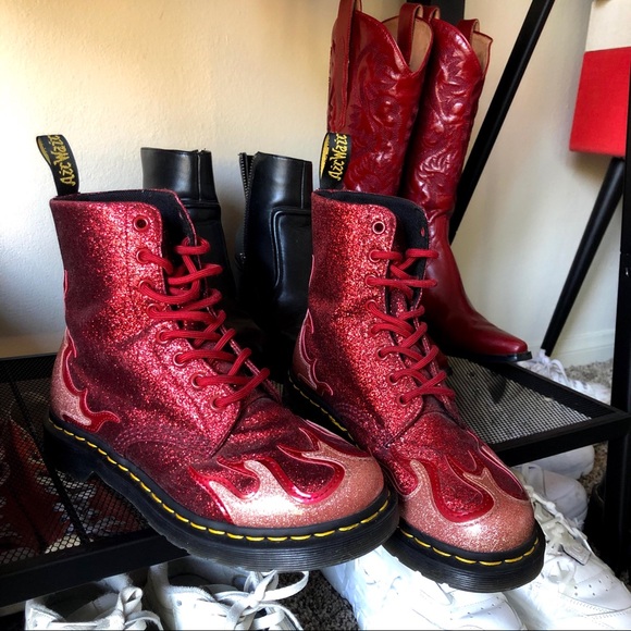 Dr. Martens | Shoes | Rare 8 Eyelet Pink Red Glitter Flame Pascal | Poshmark